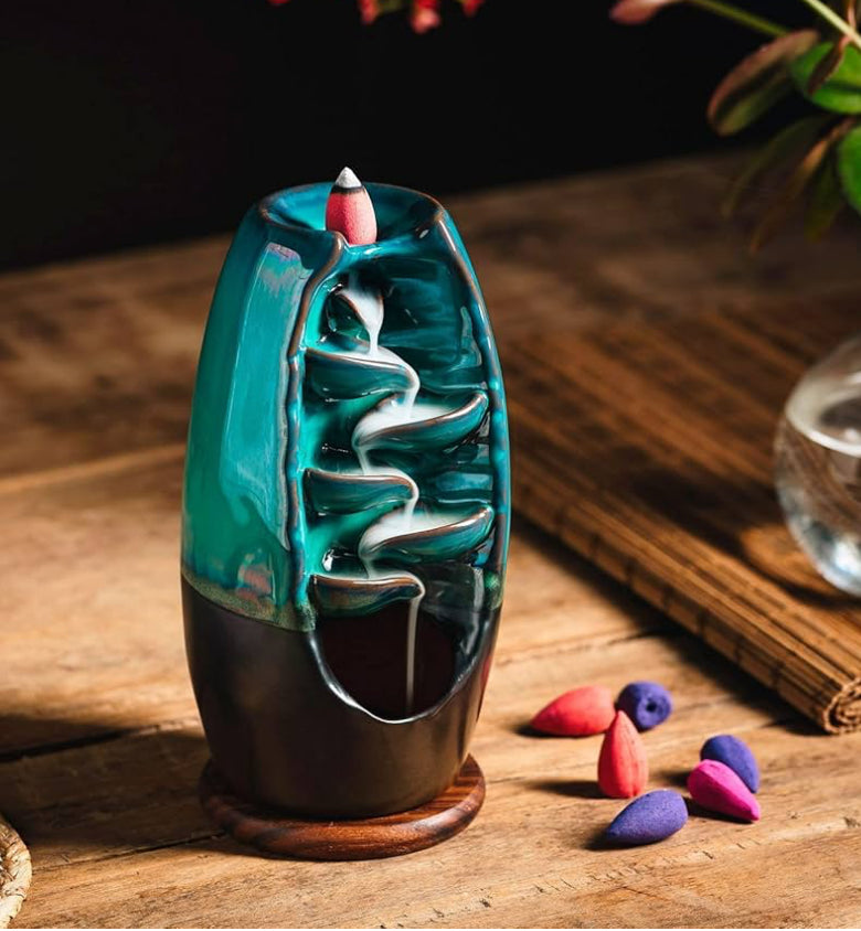 SPIRUAL Ceramic Incense Burner, Waterfall Backflow Incense Holder, Aromatherapy Ornament, Zen Decor, Home Decor, Room Decor (Cyan)