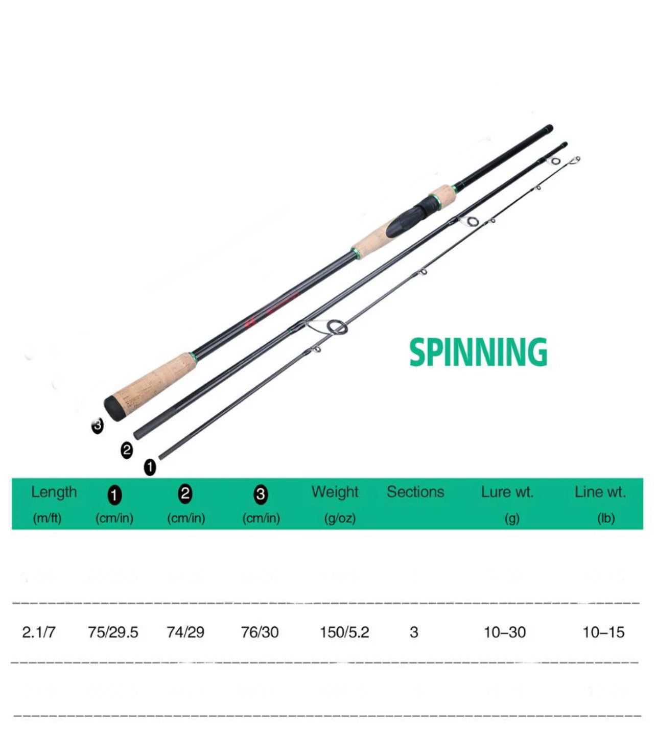 Sougayilang 2.1M 3 Sections Spinning Fishing Rod with Carbon Ultra Light Portable Travel Fishing Pole Tackle