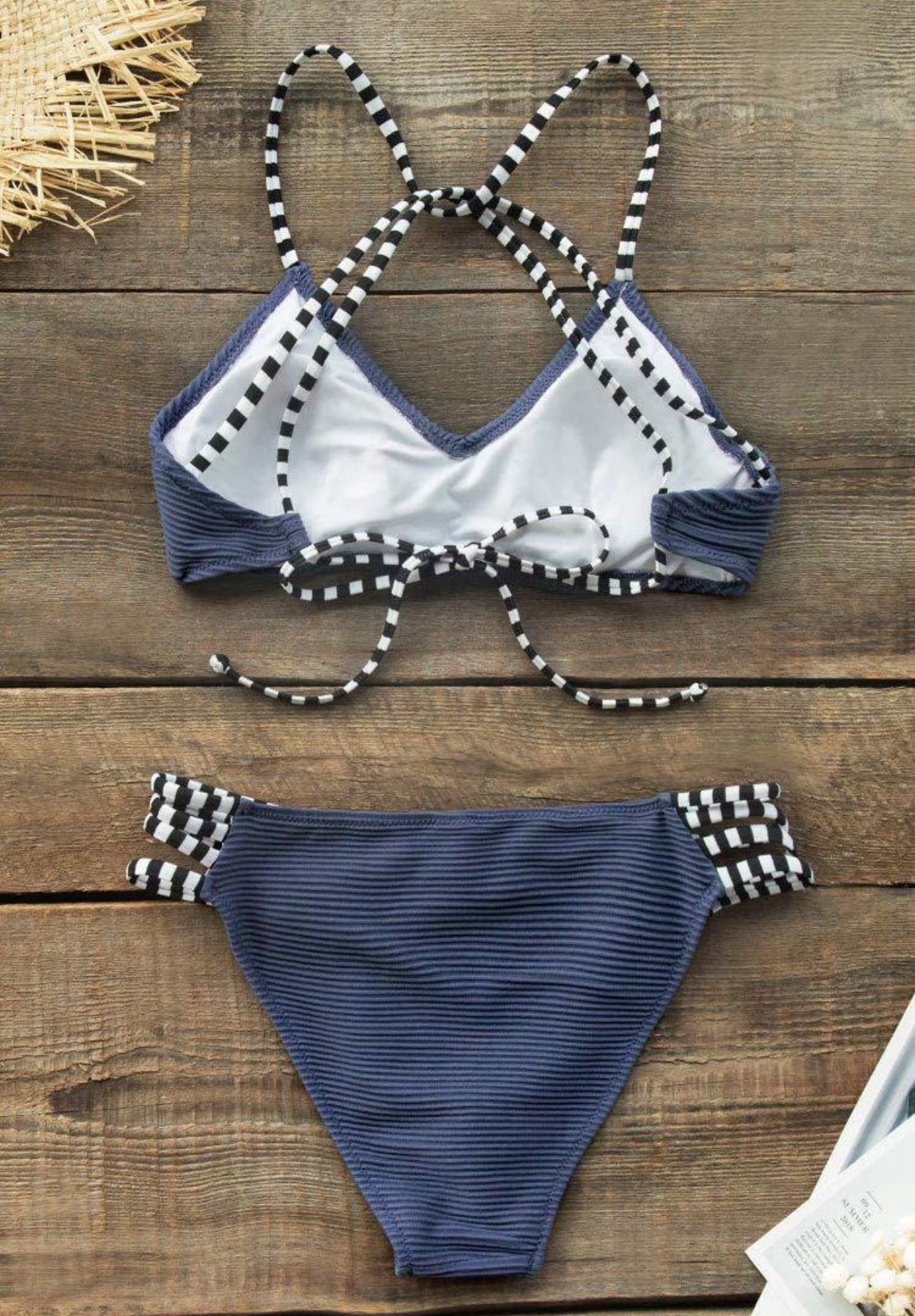 CUPSHE Navy Blue Ribbed and Strappy Bikini