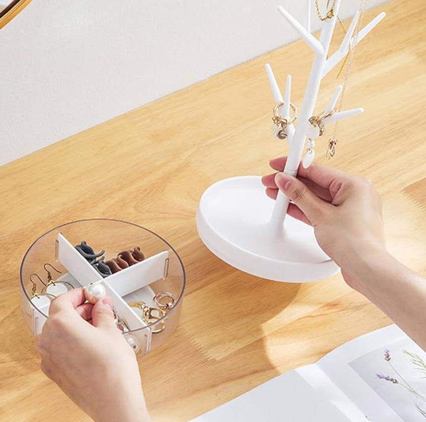 Branch Jewelry Rack with Rotatable Base and Storage Box, Tree Jewelry Tower Rack Hanging Organizer for Ring Earrings Necklace Bracelet, Suitable for Bathroom, Bedroom (White)