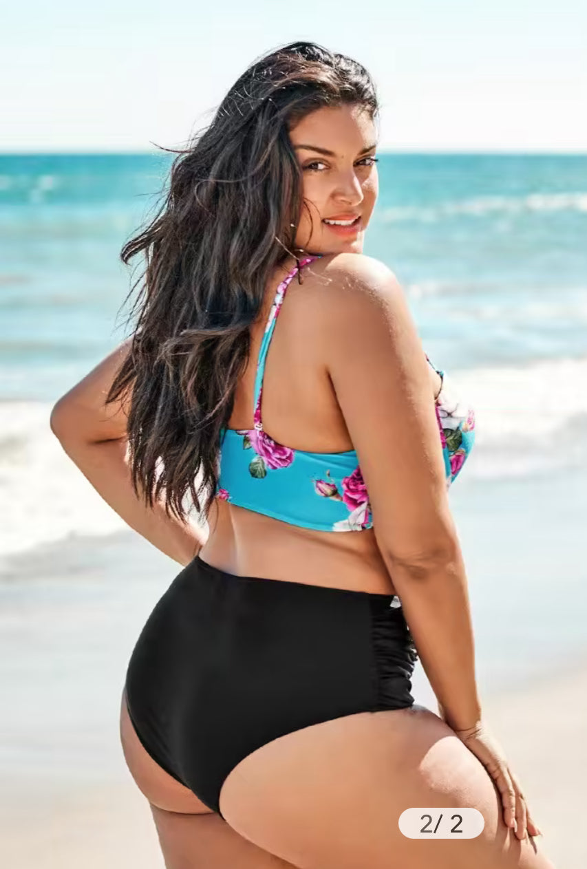 CUPSHE Floral and Black Shirring High Waisted Plus Size Bikini