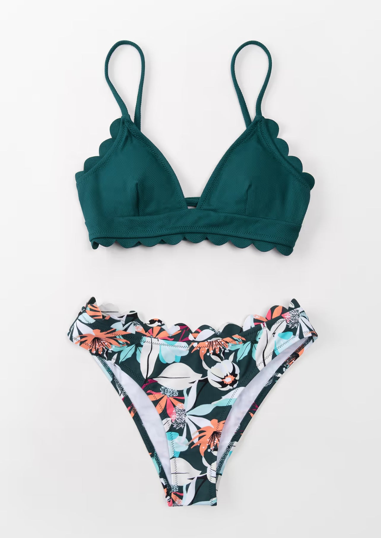 CUPSHE Green Scalloped Edge V-Neck Printed Bottom Bikini