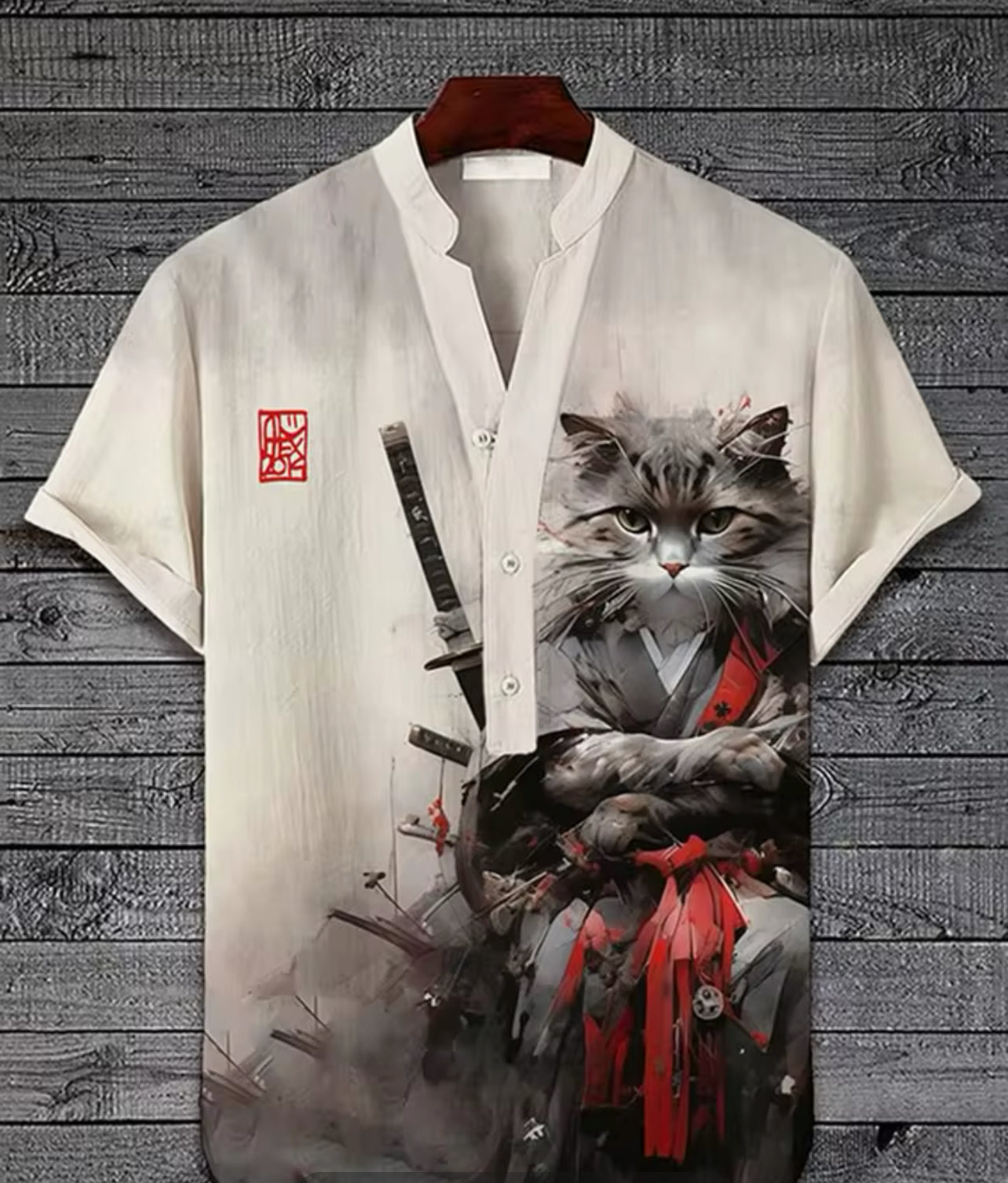 Summer Cat Print Henry Shirt For Men Popular Men's Short sleeved Shirt Fashion Casual Oversize Hawaiian Men's Top