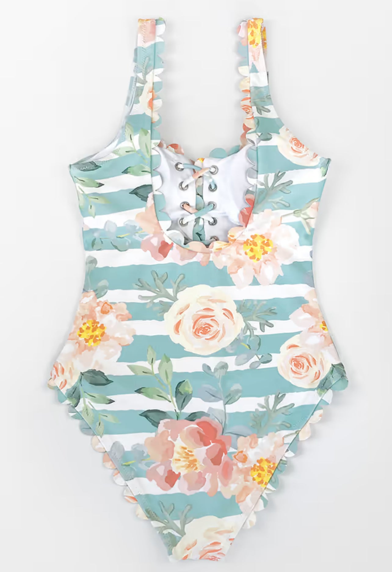 CUPSHE Floral and Striped Scalloped One Piece Swimsuit