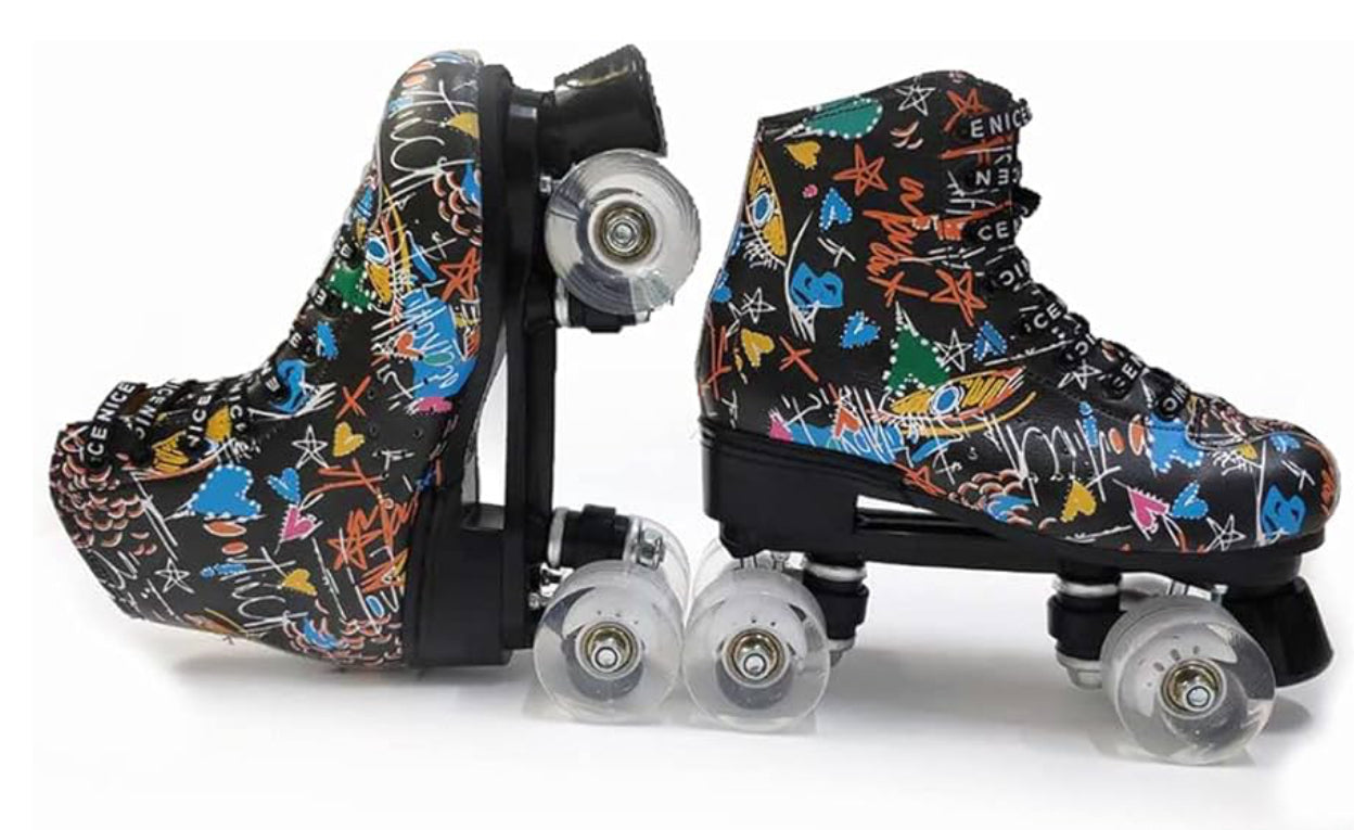 Roller Skates for Women, Men and Teens. Black/White Graffiti Designed Microfibre High-top Quad Skates Made with PU Leather. Premium Quality Skates for Beginner Adults Girls Unisex