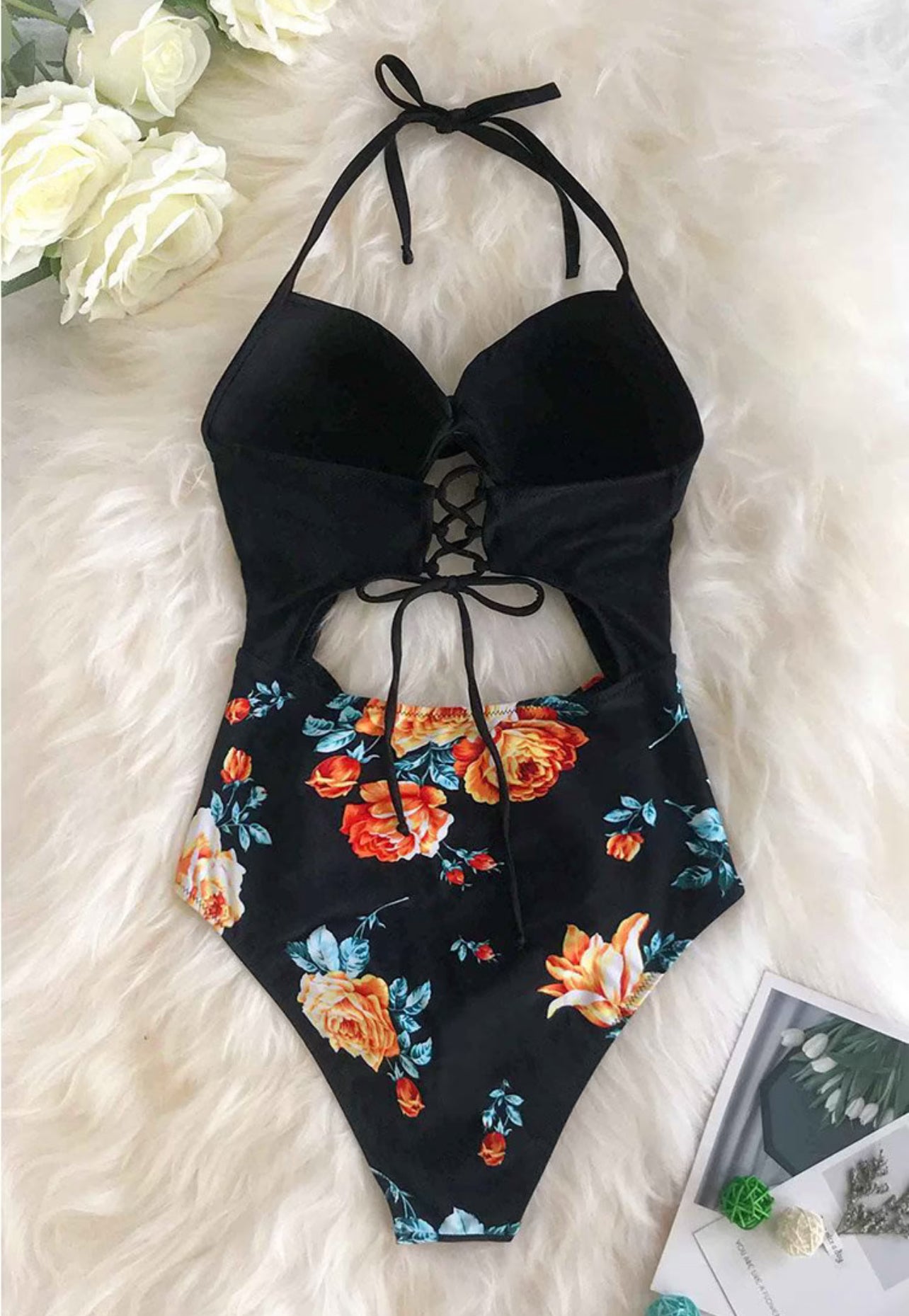 CUPSHE Black Floral Print Halter Tummy Control One Piece Swimsuit