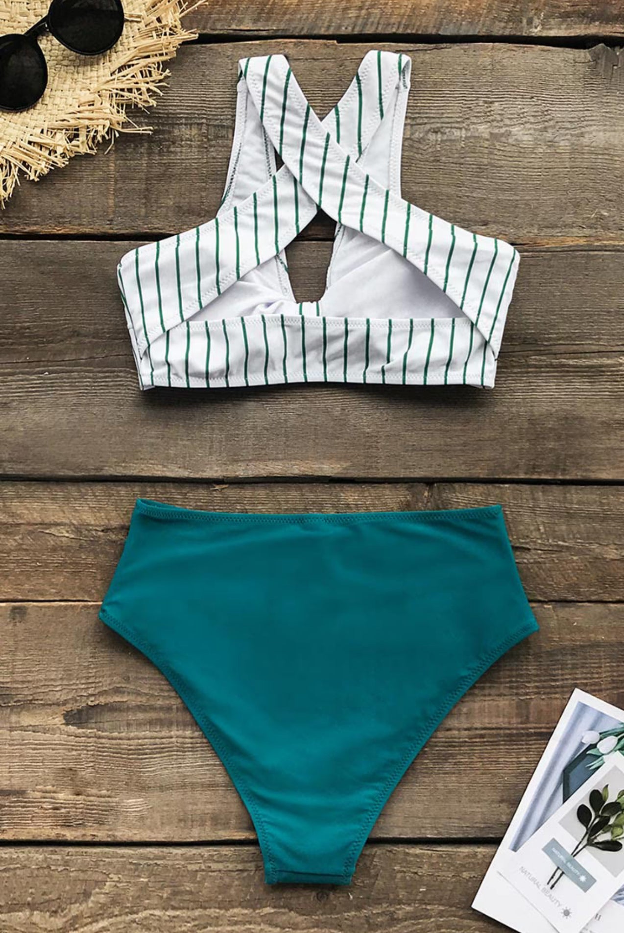 CUPSHE Teal Solid and Striped High Waisted Bikini