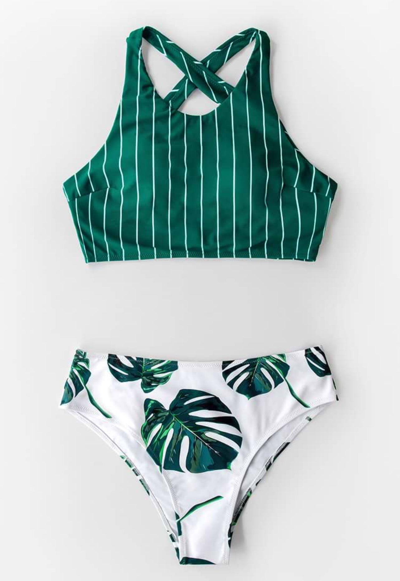 CUPSHE Teal Stripe and Leaves Print Bikini