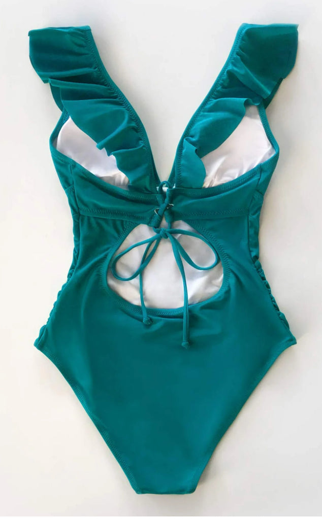 CUPSHE Light Blue Ruffled Lace Up One Piece Swimsuit