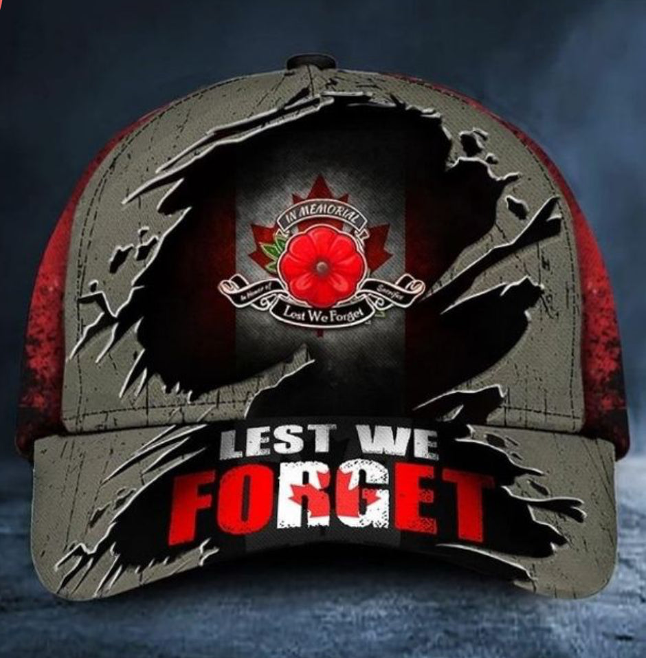 Lest We Forget Poppy Canada Flag Remembrance Day Hat Adjustable One size Fits All