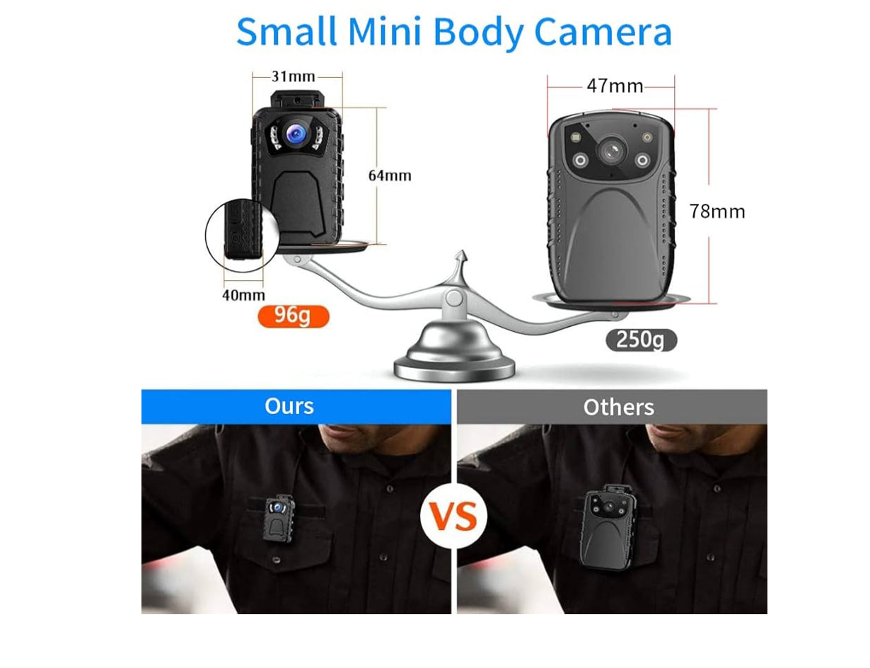 Body Camera, 1296P HD, 10HR Battery Life, 128GB Memory, Night Vision, Ultra Wide Angle, Portable & Lightweight