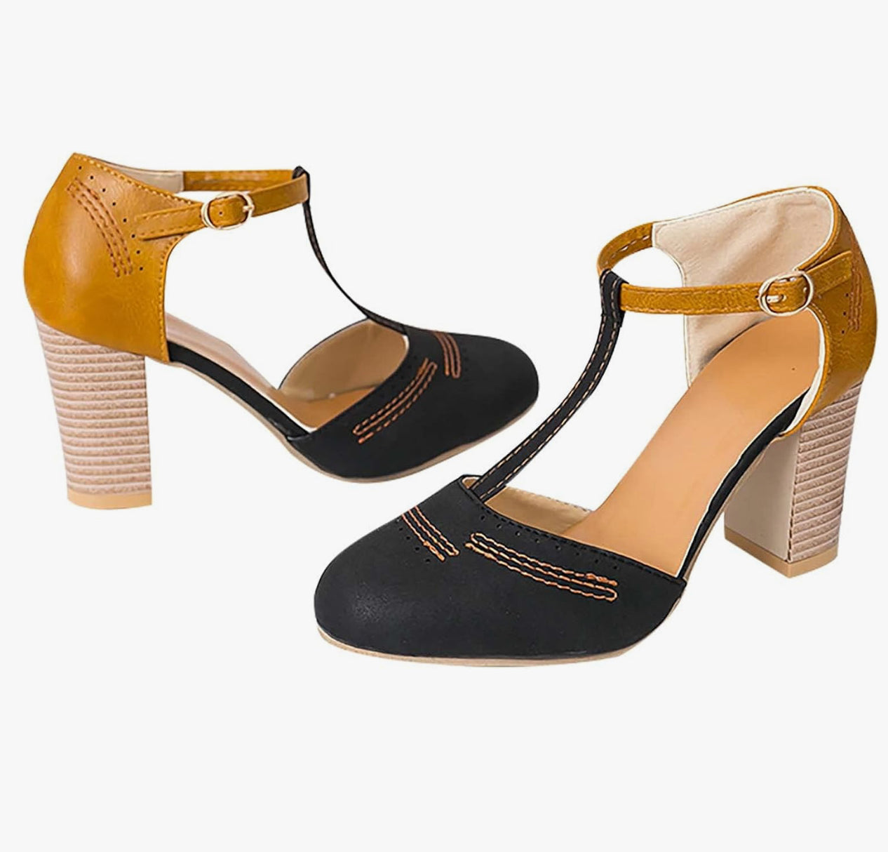 Womens Chunky High Heel Buckle Ankle Shoes T Strap Cap Toe Fashion Hollow Out Summer Casual Roman Sandals