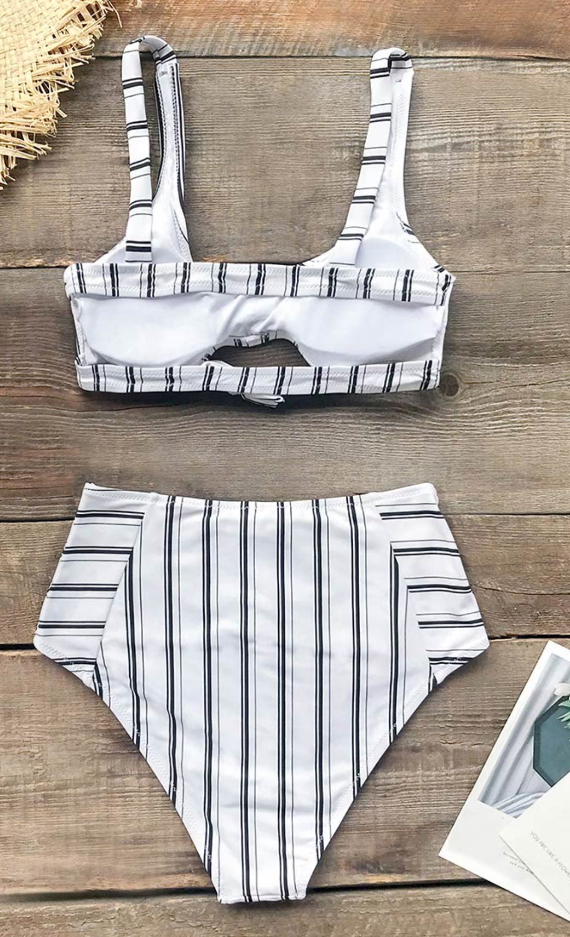 CUPSHE Women’s Navy and White Vertical Stripe High Waisted Bikini