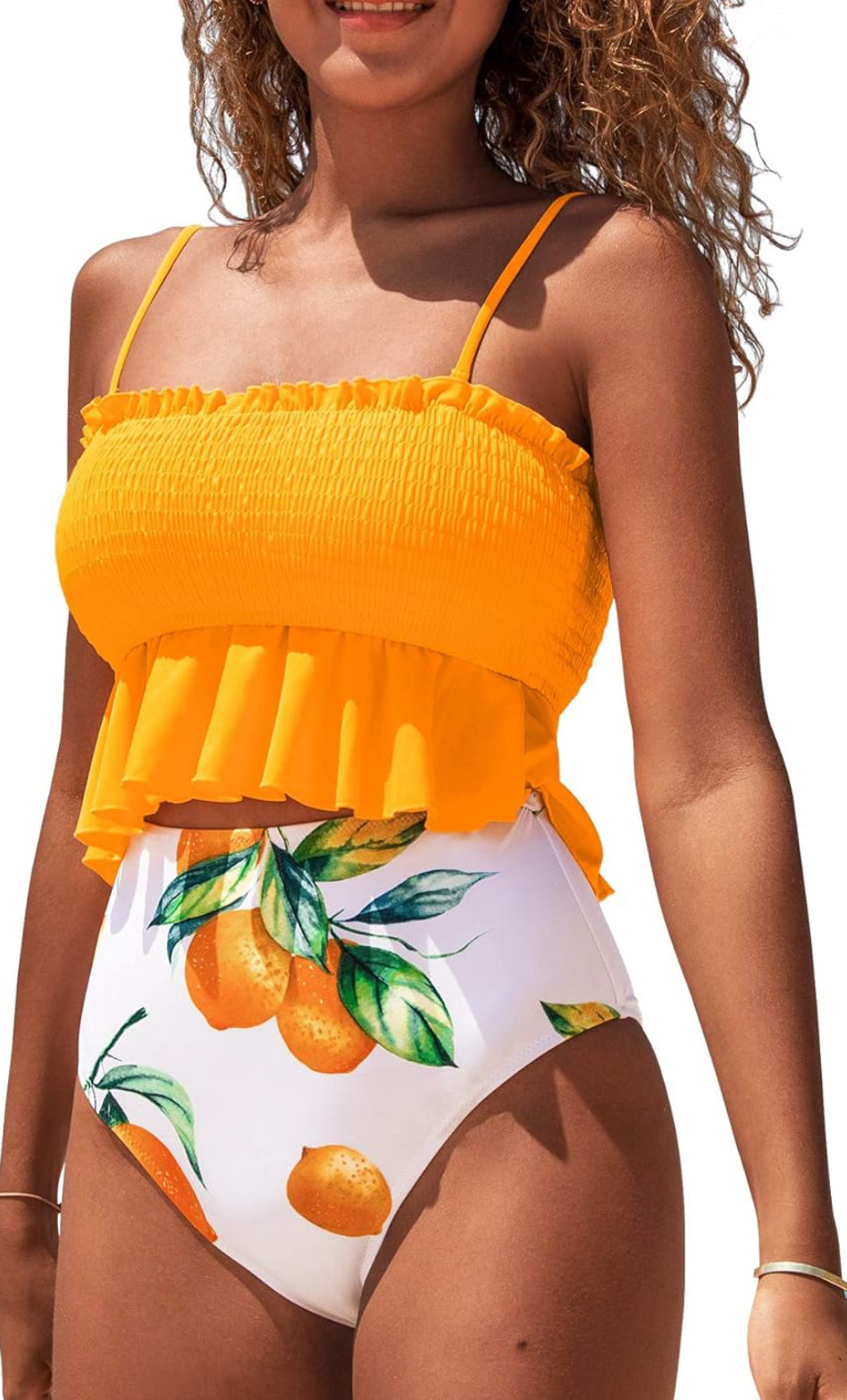 CUPSHE Ruched bandeau bikini for women swimsuit, high waist bikini set and ruffle, two-piece swimsuit set