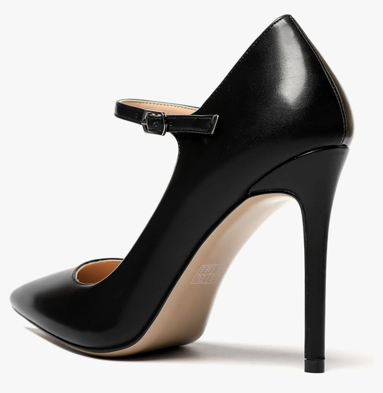 Women's 100mm High Heel Pointed Toe Mary Jane Pumps Ankle Strap Buckle Closure Shoes, Matte Black, Size: 8