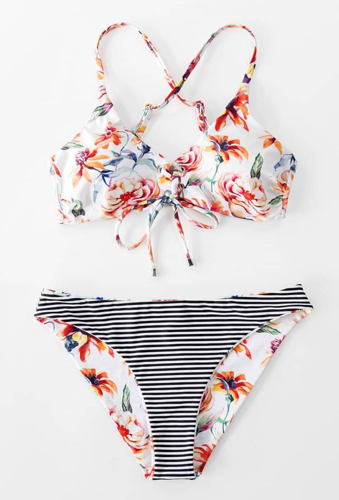 Floral And Striped Reversible Bikini