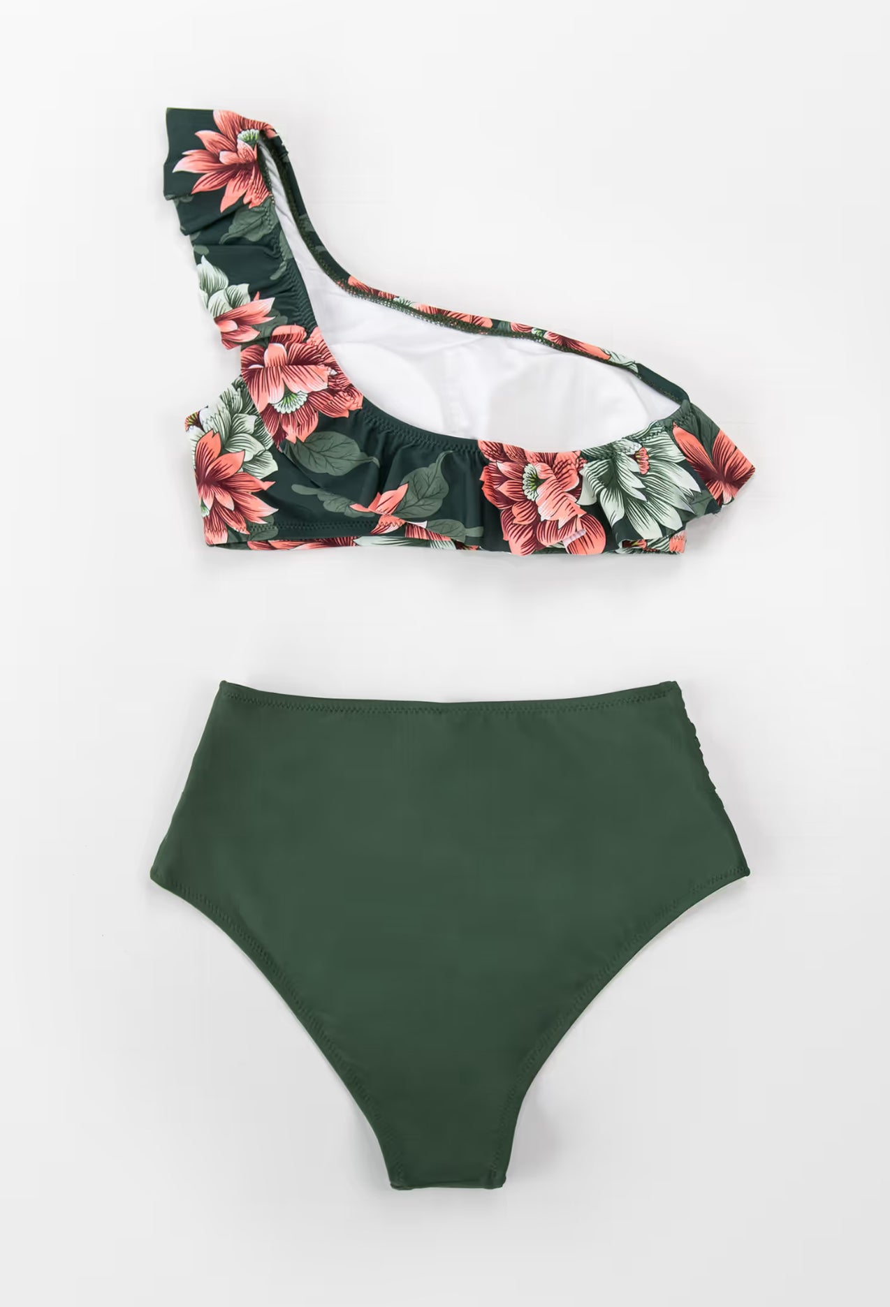 CUPSHE Dark Green Floral One Shoulder Ruffle Women’s High Waisted Bikini