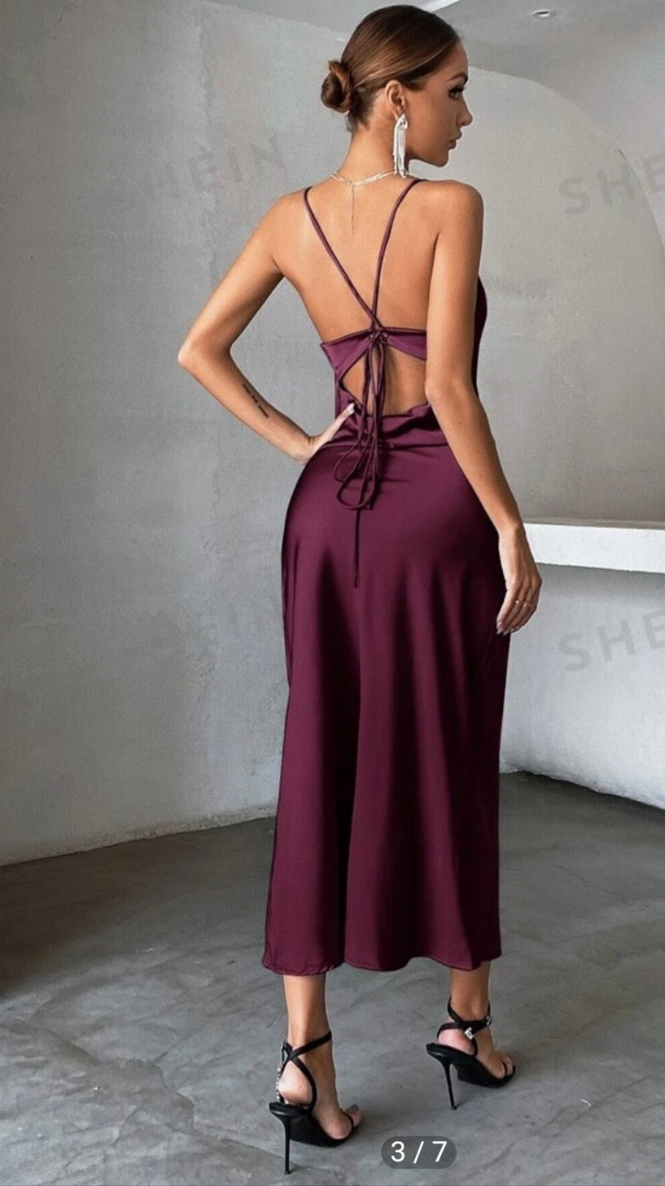 Womens satin cutout back formal dress in plum purple