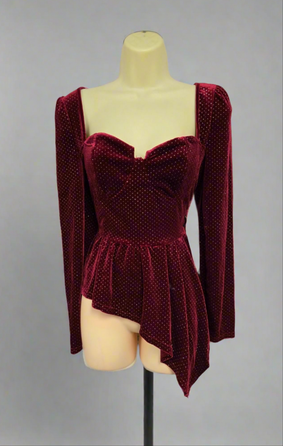 Womens long sleeve red velvet peplum top with sparkly rhinestone