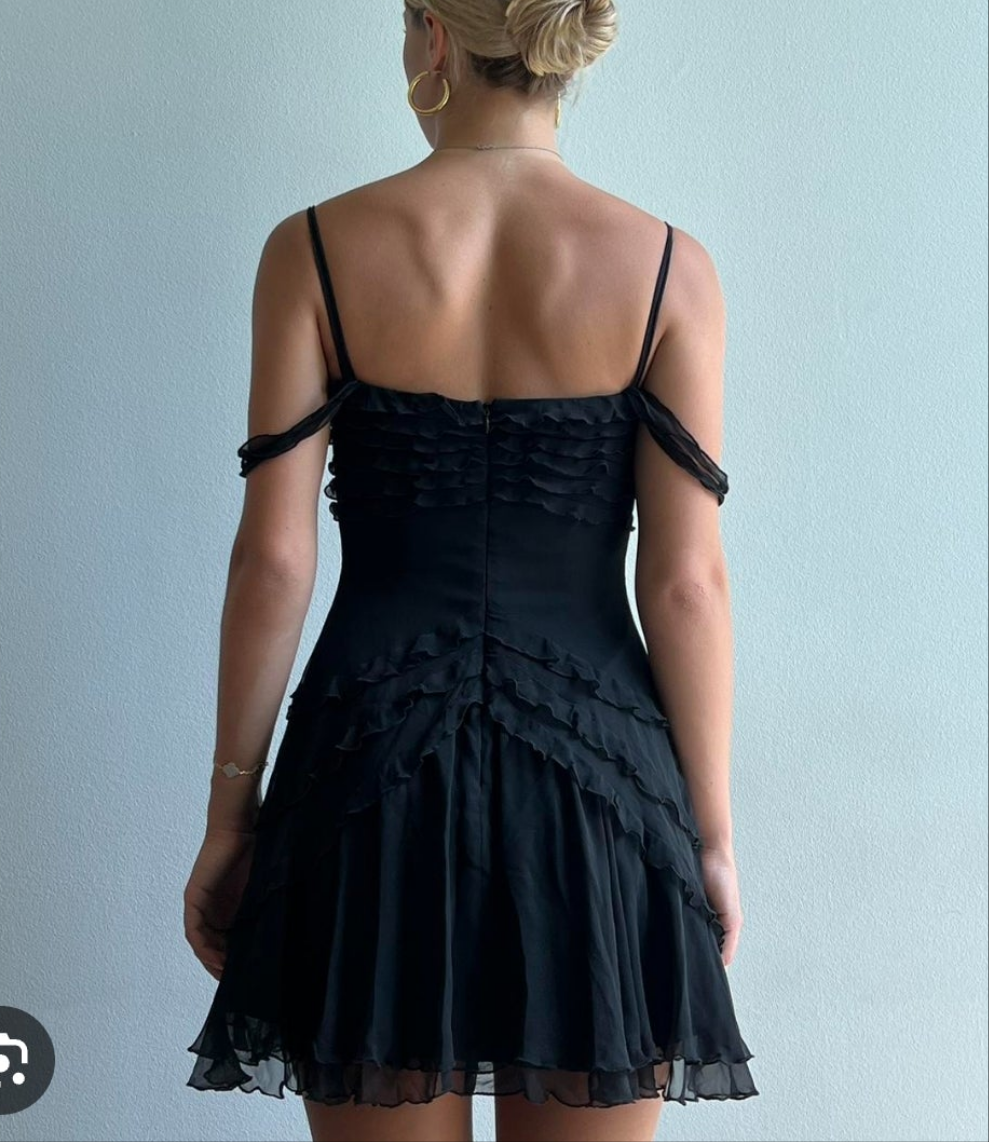 Womens cascading sleeve ruffle trim short mini black dress