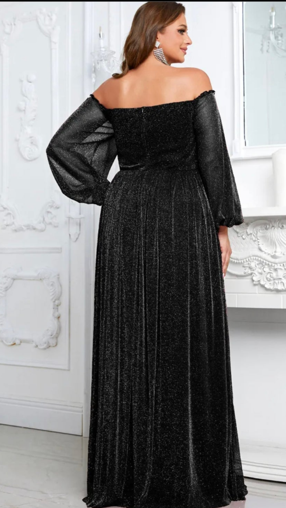 Womens black off-shoulder A-line sparkly long sleeve formal maxi dress
