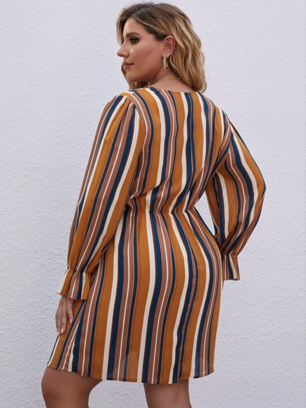 Womens stripe v-neck long sleeve short dress