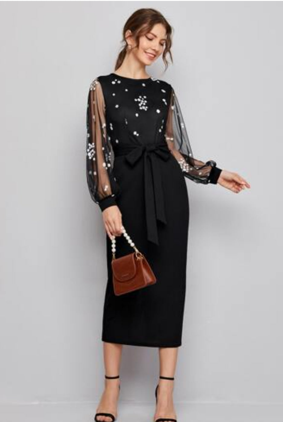 Womens embroidered sleeve black midi dress