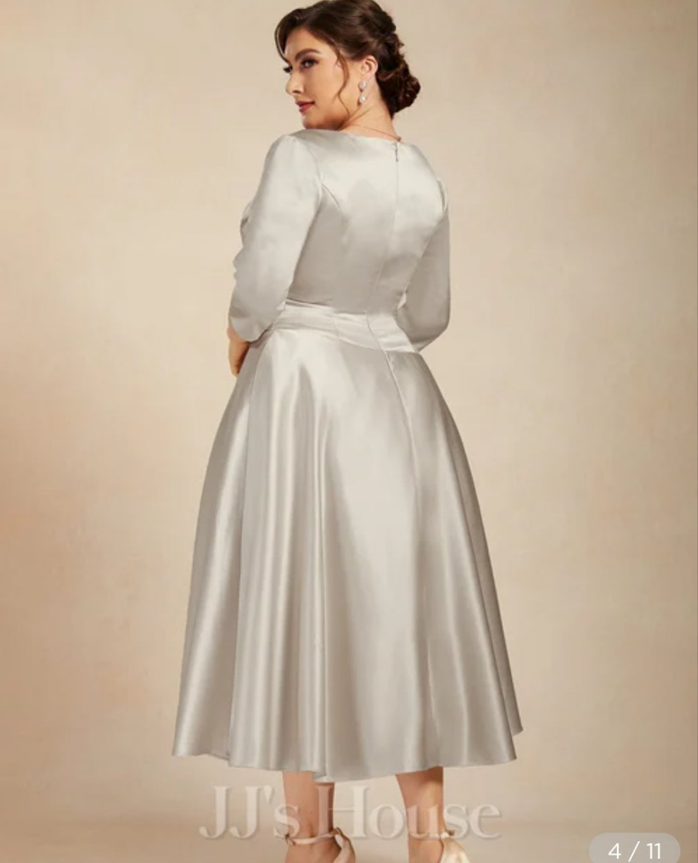 JJ House A-line V-Neck Tea-Length Satin Mother of the Bride Dress With Pleated #225549
