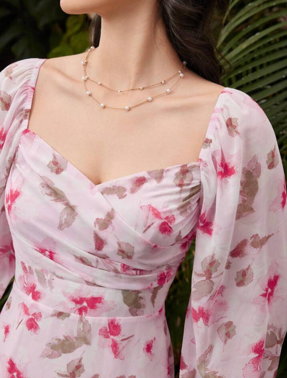 Womens pink floral sweetheart neckline midi long sleeve summer dress