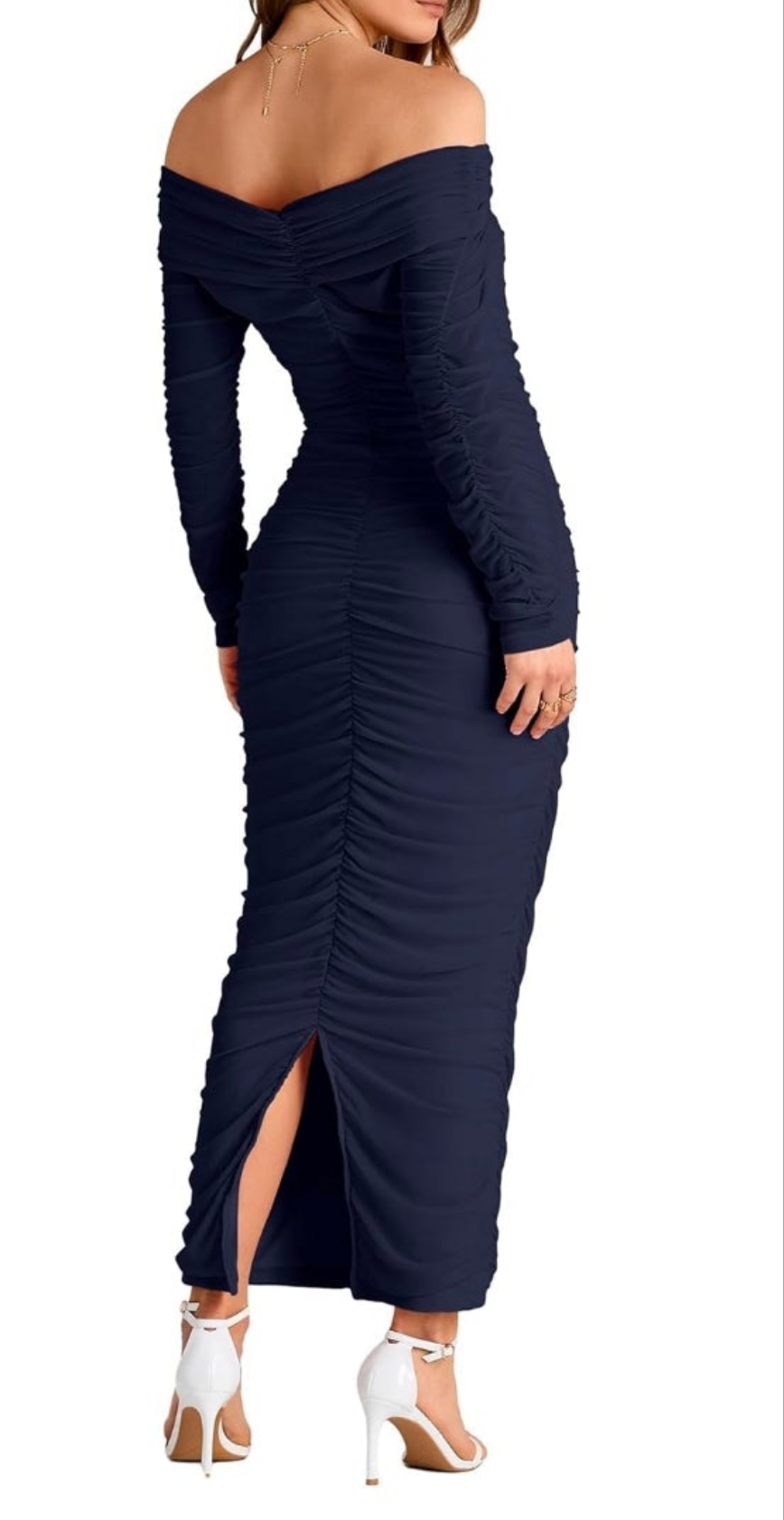 Pretty garden sexy navy long sleeve ruched midi dress