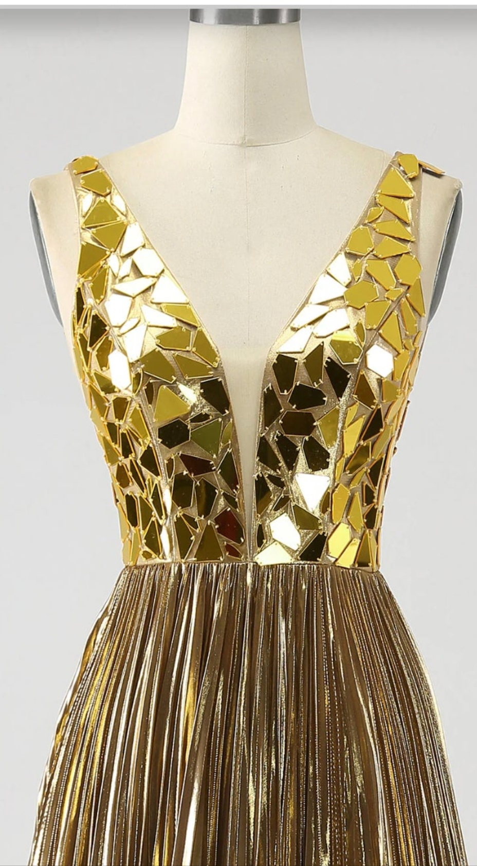 Womens elegant gold mirrored ball gown dress