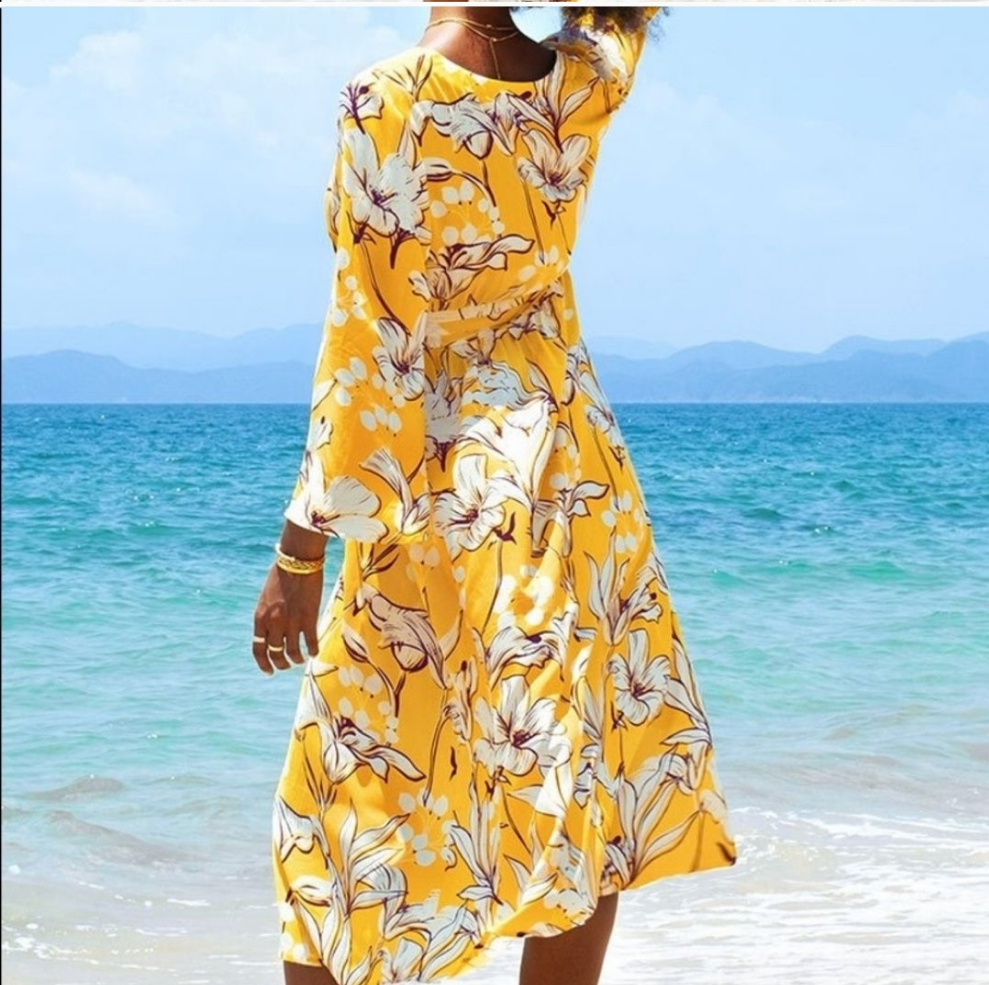 CUPSHE Naomi long sleeve yellow floral summer midi vacation dress