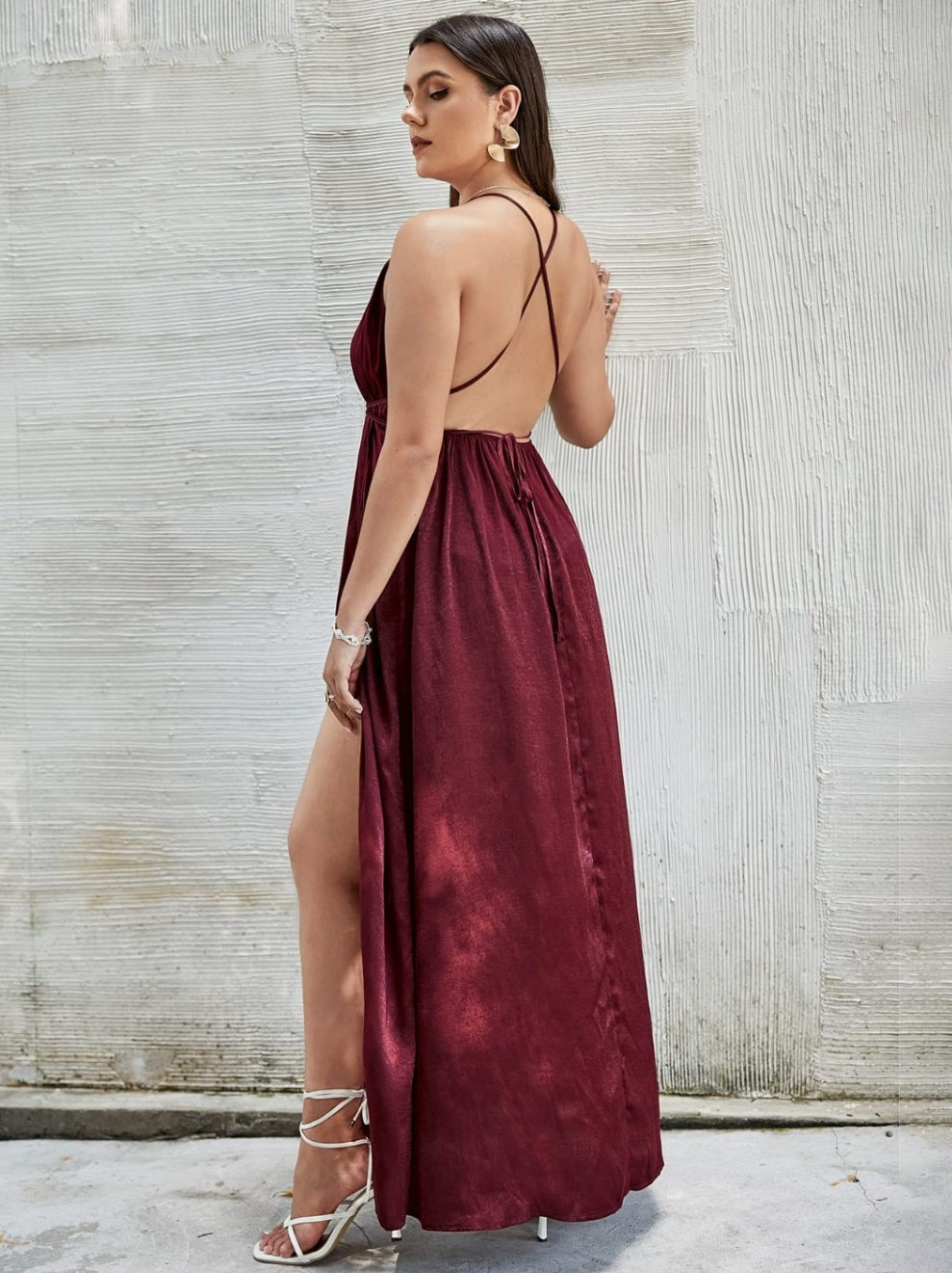 Womens burgendy red high slit lace up back evening dress