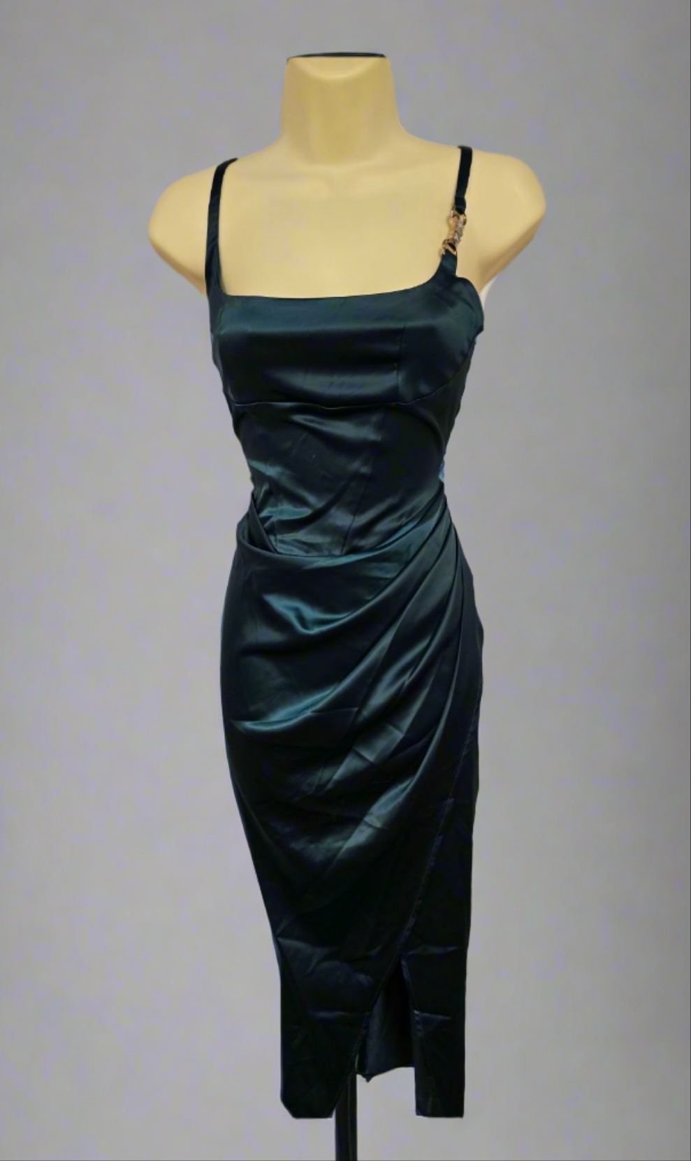 Emerald green satin ruched evening dress