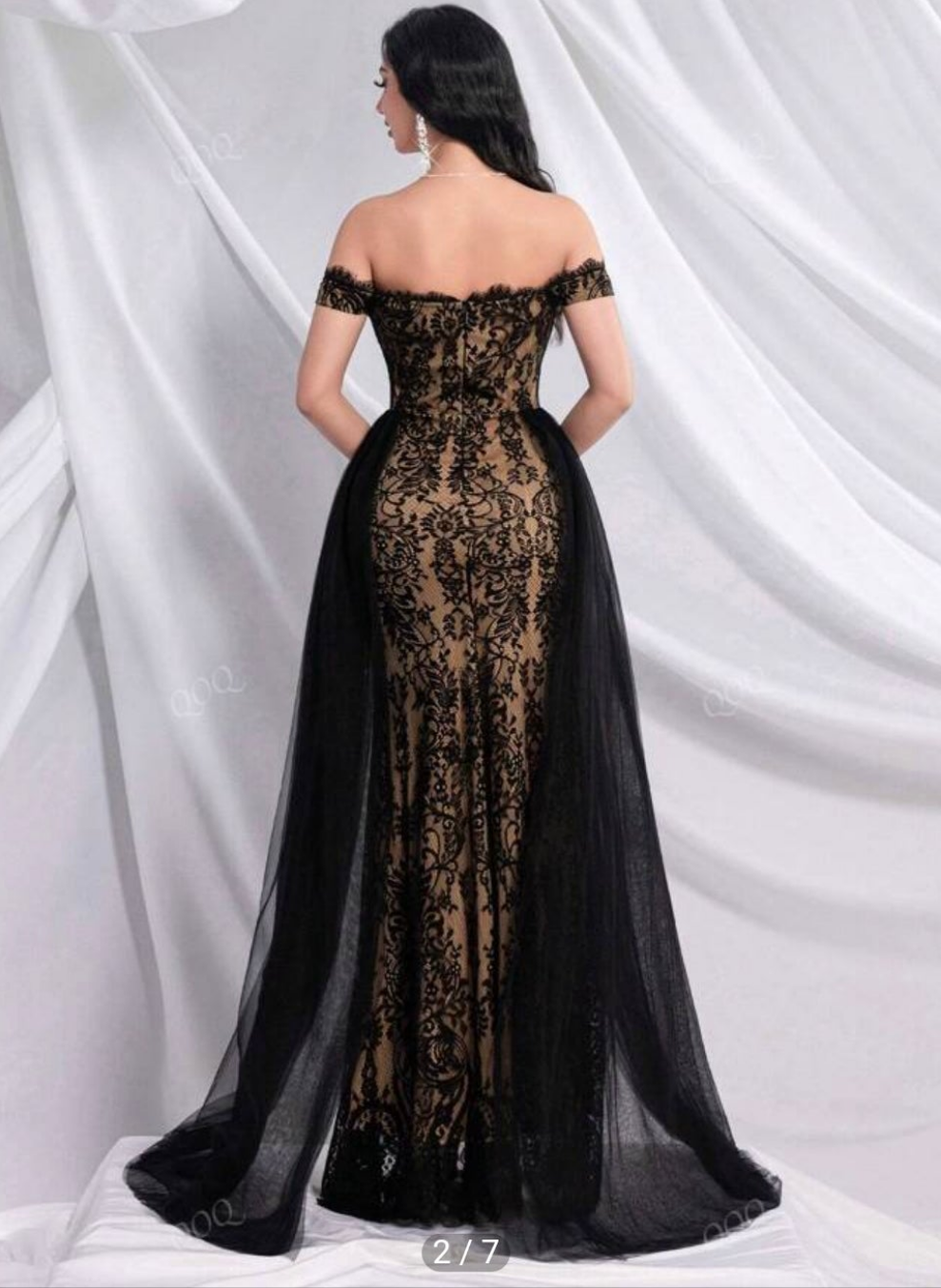 Womens cream and black long elegant lace evening dress