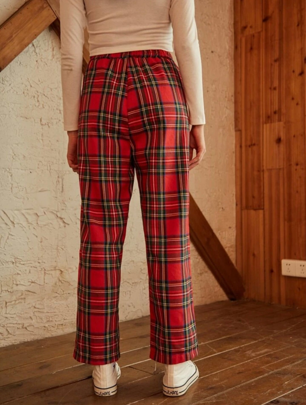 Womens red plaid tartan print pants