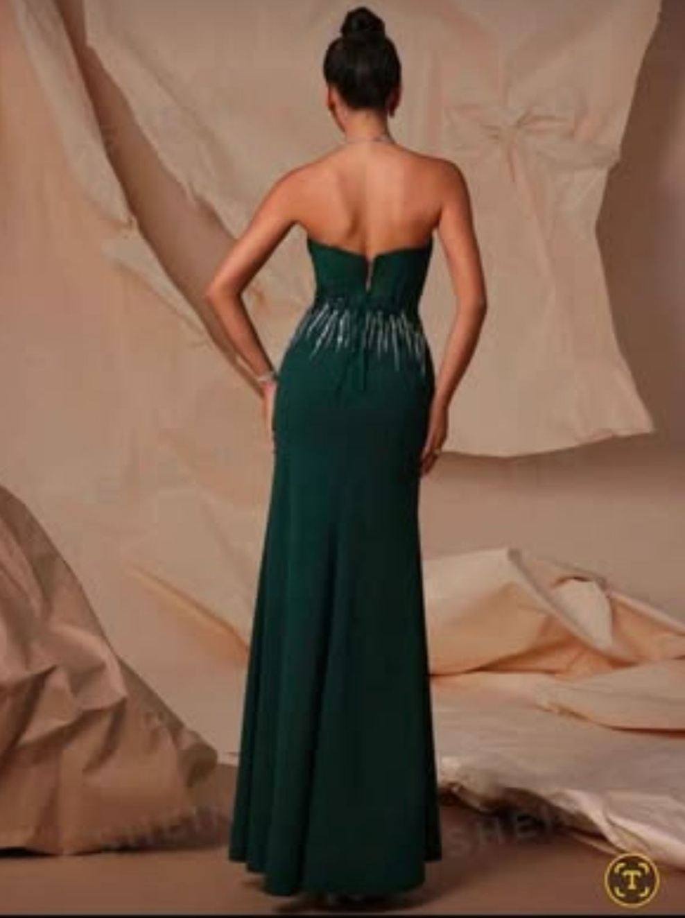 Womens elegant green high slit rhinestone formal evening dress