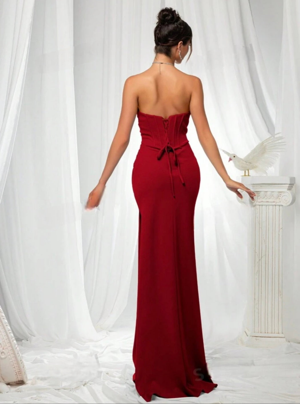 Womens red corset style long formal evening dress