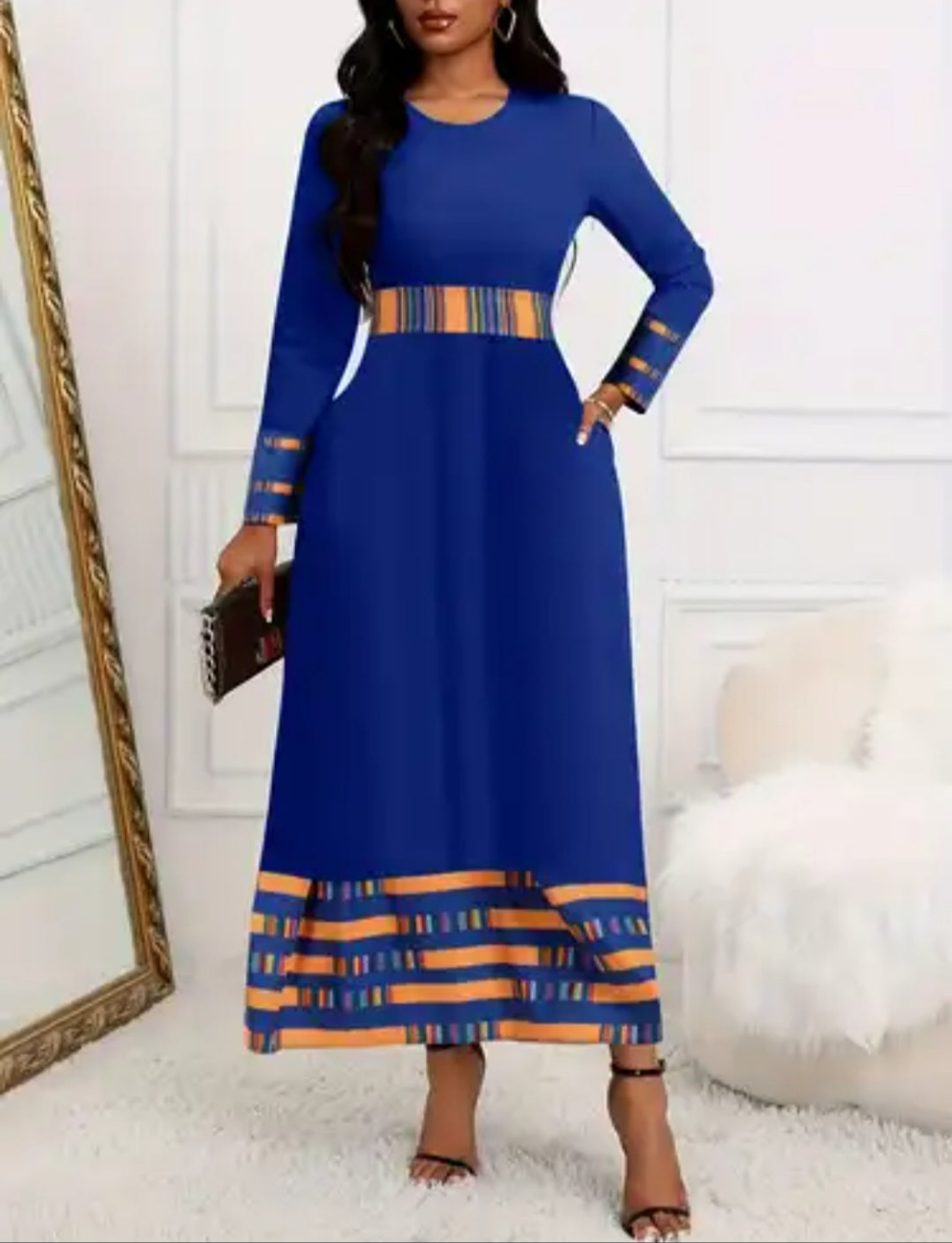 Womens long sleeve blue midi dress