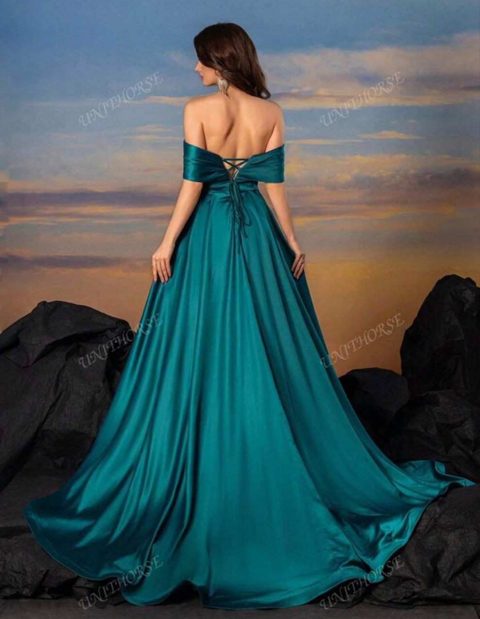 Womens elegant teal long green formal evening dress