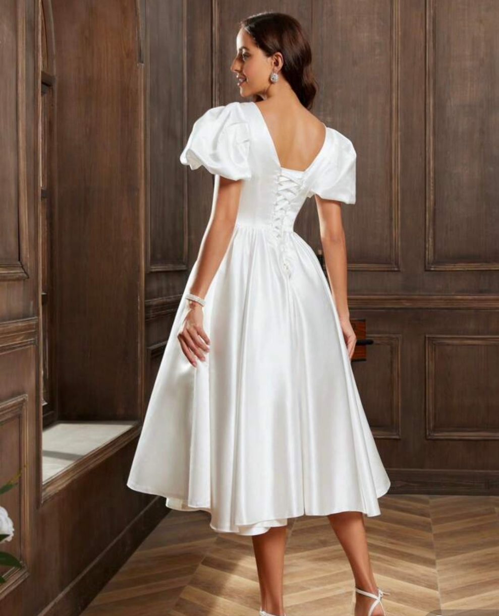 Womens white satin square neck puffy sleeve formal wedding evening dress