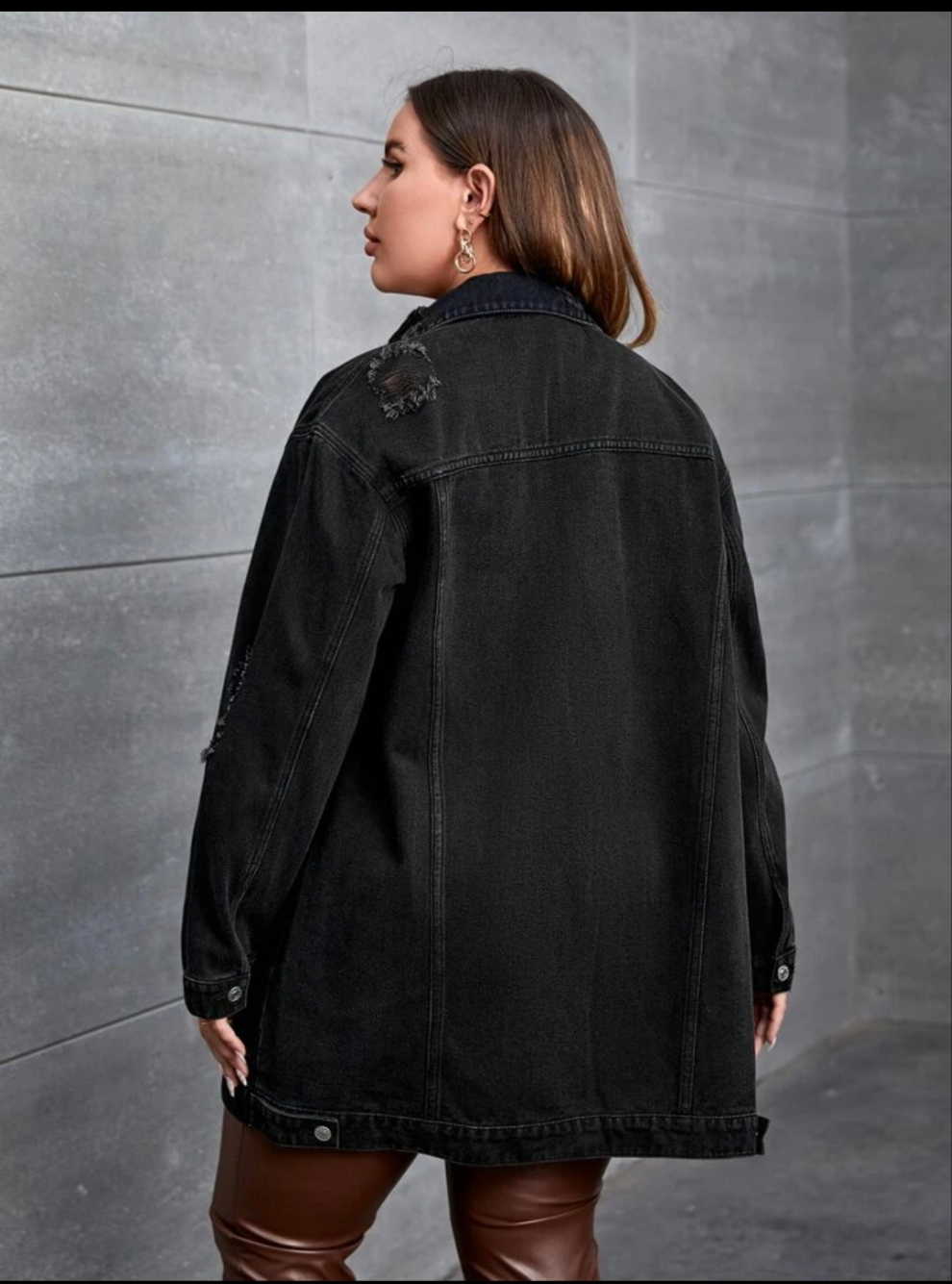 Plus size black long denim jean jacket