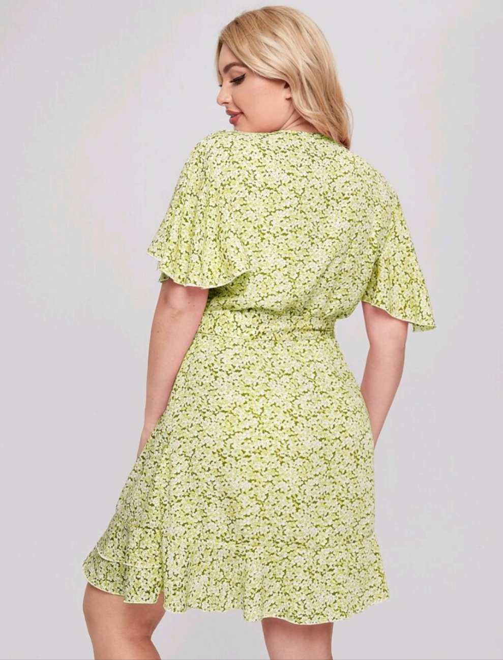 Womens belted green ditsy floral summer dress