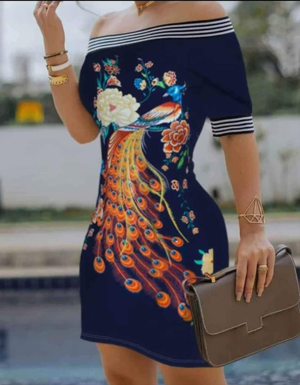Womens short summer peacock print dress
