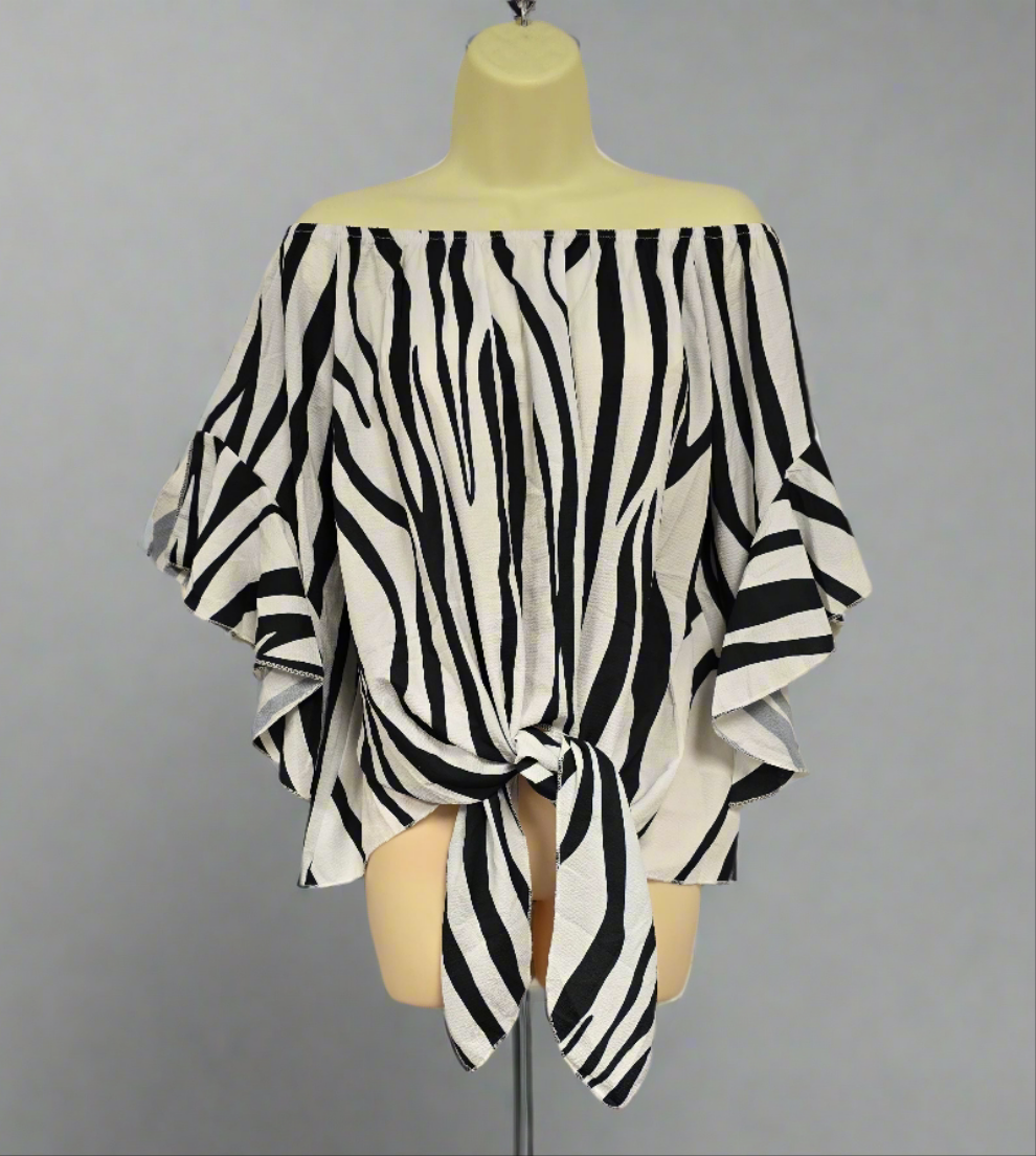 Womens black and white off shoulder tie front blouse