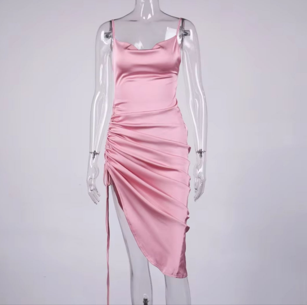 Womens pink satin ruched scoop neck party dress