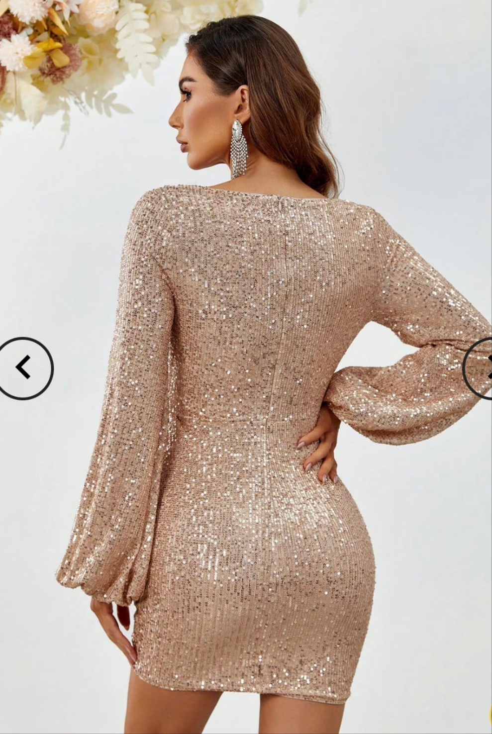 Fariesty gold sequin short party dress with lantern sleeves