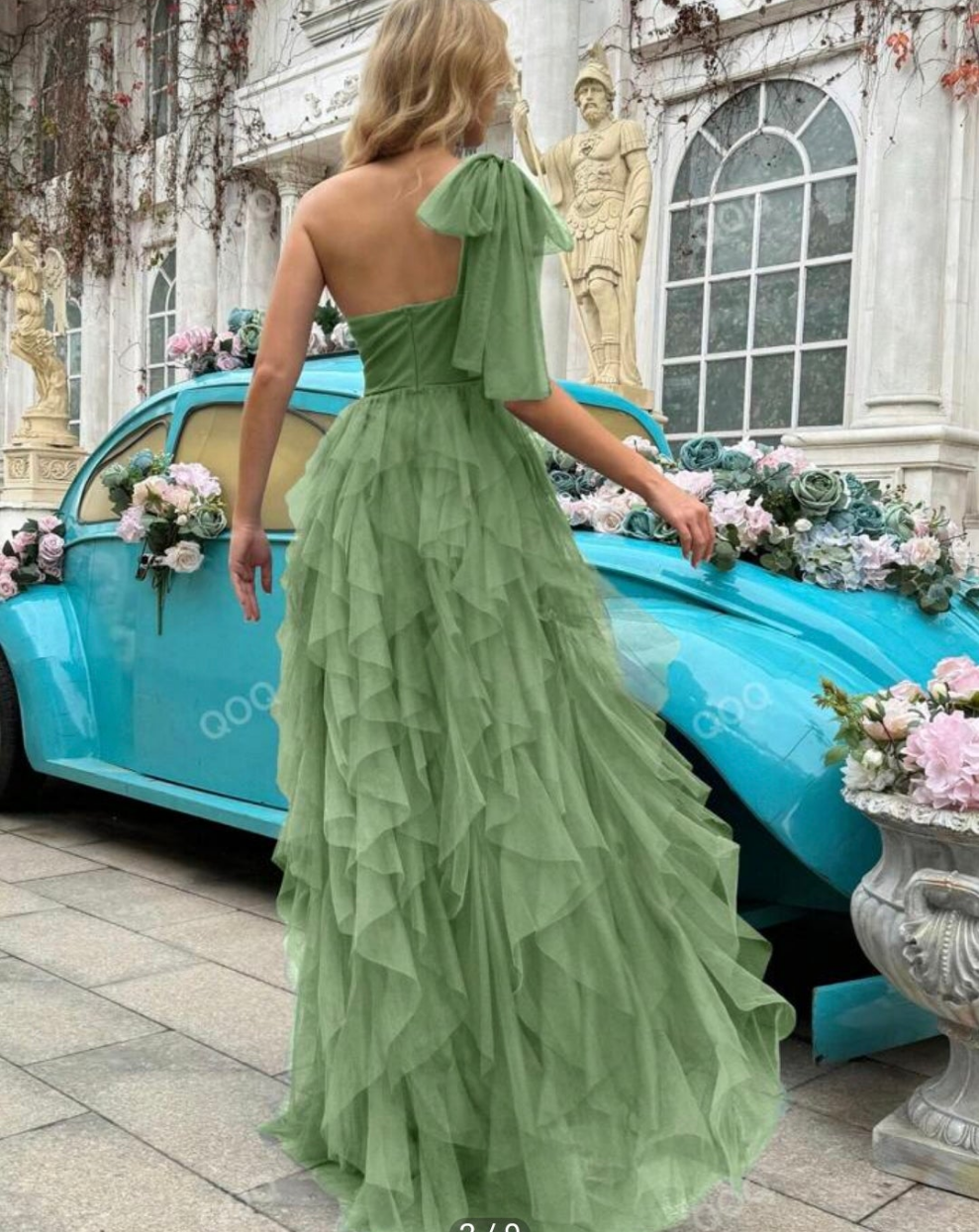 Womens one shoulder formal green tulle long dress