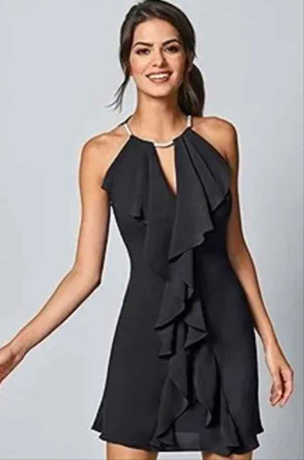 Womens black mini ruffle dress with sparkly silver neckline