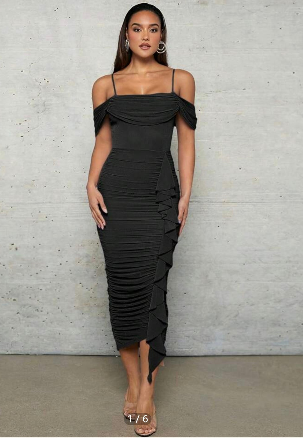 Womens black elegant ruched offshoulder shoulder midi dress